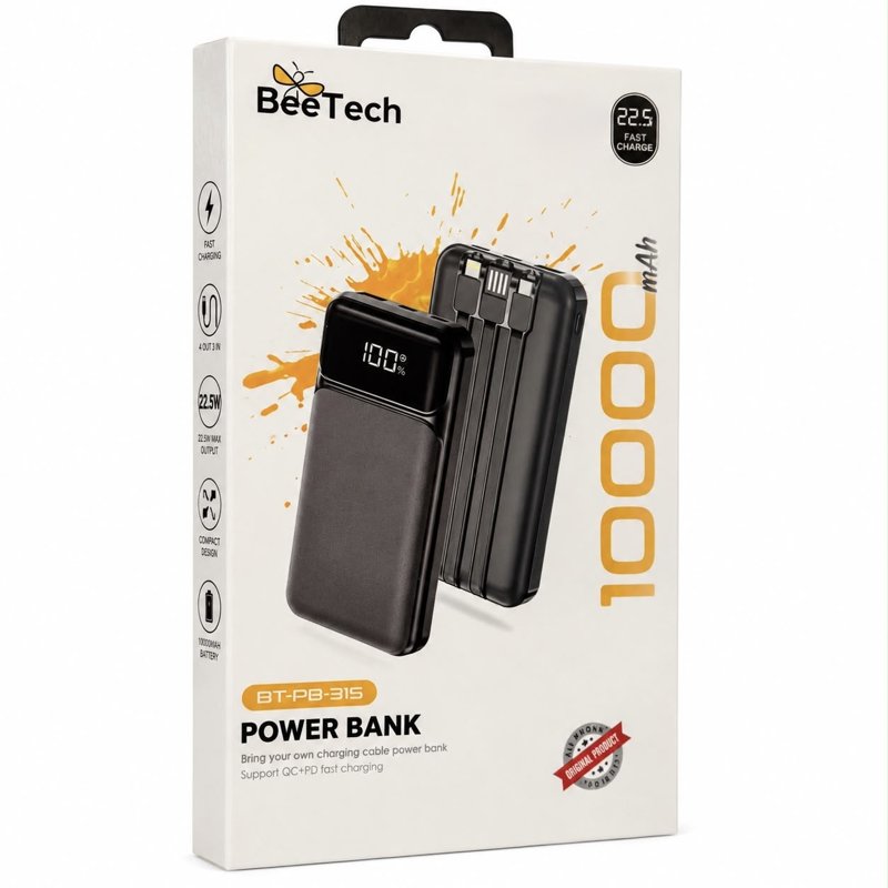  סוללת גיבוי BeeTech BT-PB-315 ‏10,000mAh עם כבלים מובנים – טעינה מהירה 22.5W
