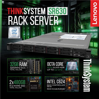 Lenovo Lenovo ThinkSystem SR630/1U-RackMount/Xeon 4208/32GB-3200/2x480GB SSD Intel® Xeon Silver 4208 |32 GB|Matrox G200e |2x480