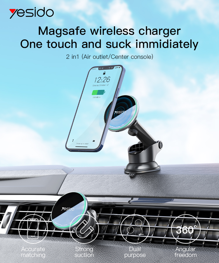 Yesido מעמד לרכב 15W Wireless magnetic charging holder (C132)