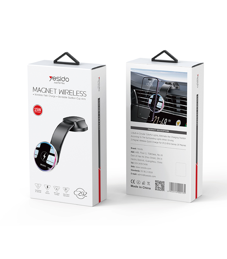 Yesido מעמד לרכב Arm Bendable Magnetic Wireless Charging Phone holder (C292)