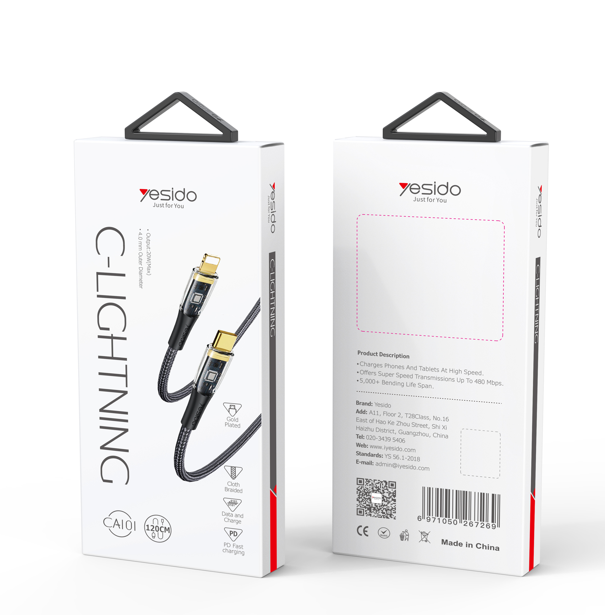 Yesido כבל (27W)  -3A
C & Lightning Data cable
1.2M (CA101)