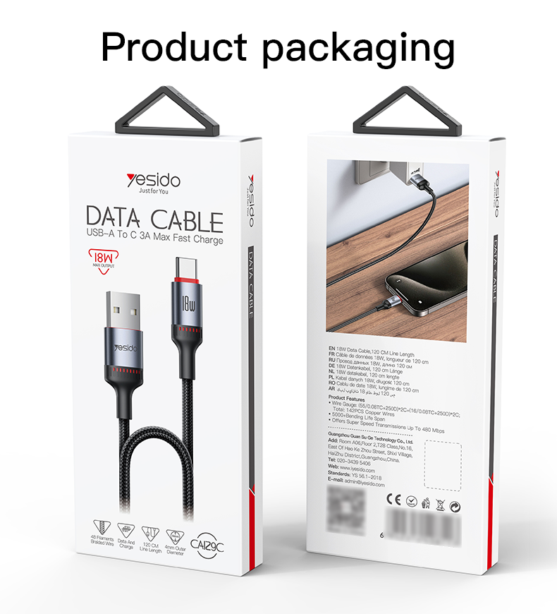 Yesido כבל USB-C 18W Aluminum Alloy Data Cable
 1.2M (CA129C)