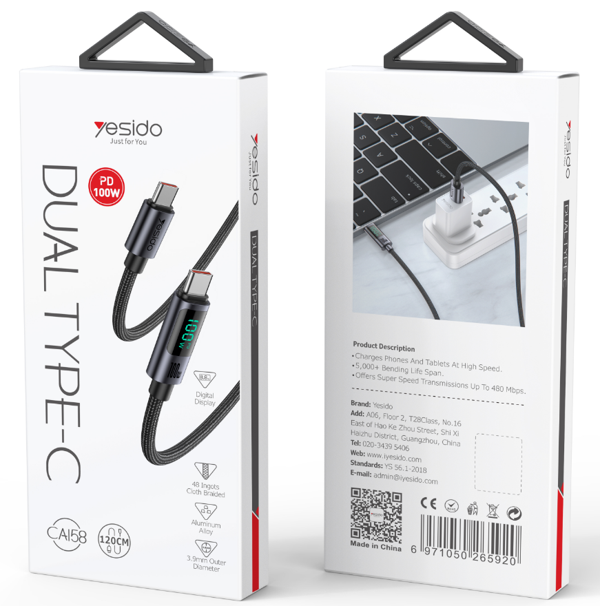 Yesido כבל 100W C to C Data Cable
1.2M (CA158)