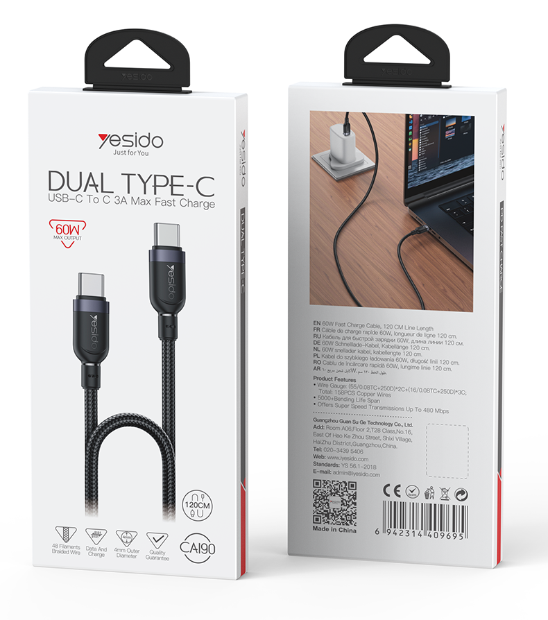 Yesido כבל C TO C/60W
Data cable
1.2M (CA190)