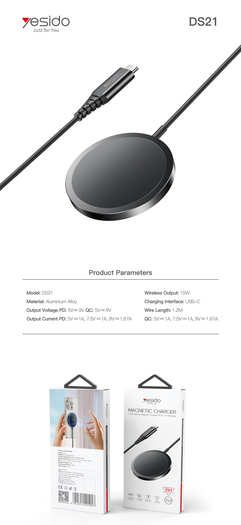 Yesido מטען אלחוטי Magsafe wireless charger
(Board and coil separation technology ) (DS21)