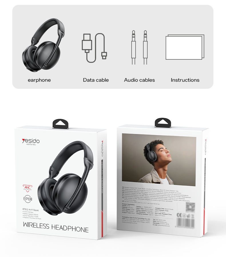Yesido אוזניות בלוטות ANC Active Noise Cancelling Bluetooth Headphones (EP08)