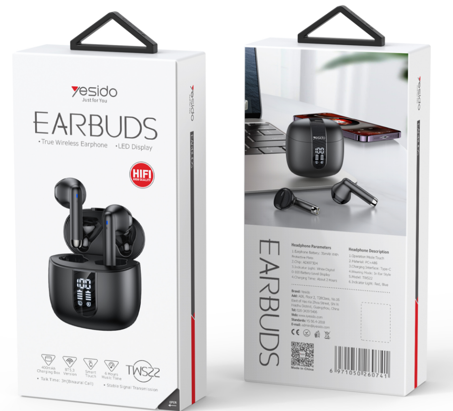 Yesido אוזניות בלוטות TWS Earphone (TWS22)