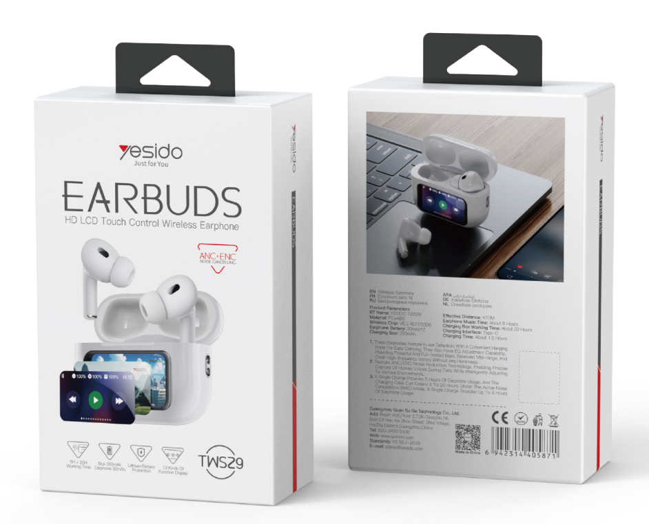 Yesido אוזניות בלוטות LCD screen fifth generation full-featured TWS Earbuds(ANC+ENC) (TWS29)