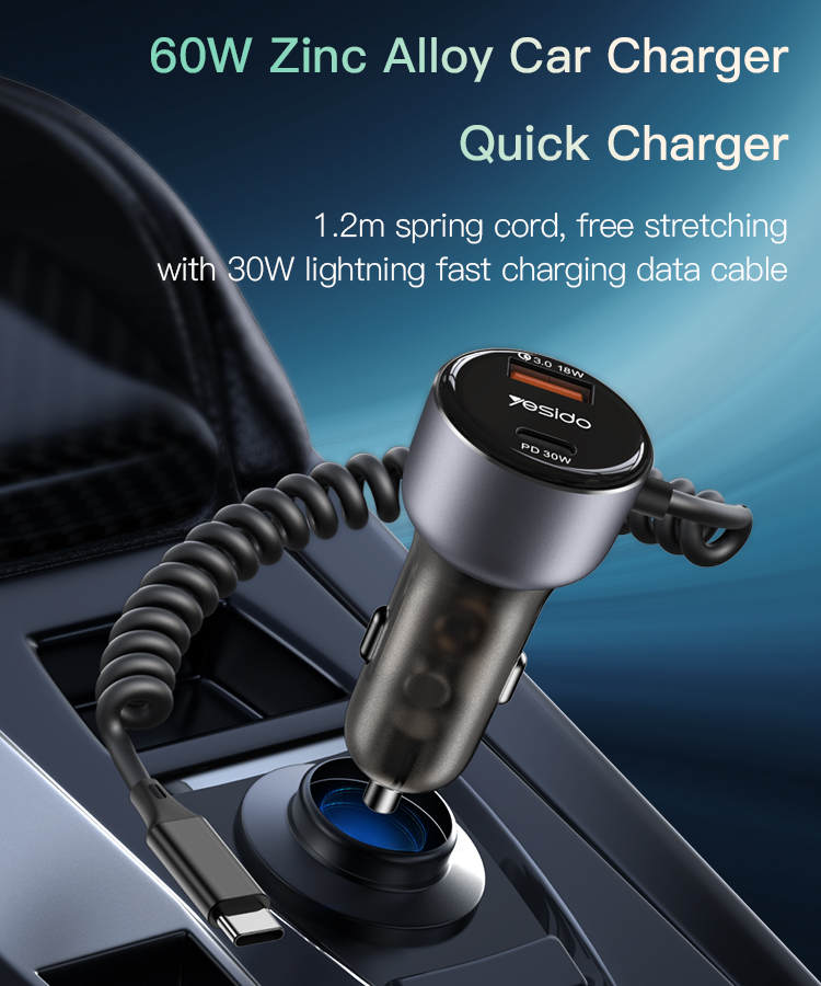 Yesido מטען לרכב 60W Fast Charging Car Charger(Built-in TC Cable) (Y56)