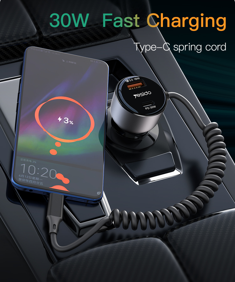 Yesido מטען לרכב 60W Fast Charging Car Charger(Built-in TC Cable) (Y56)