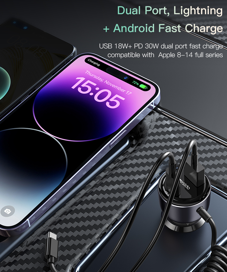 Yesido מטען לרכב 60W Fast Charging Car Charger(Built-in TC Cable) (Y56)