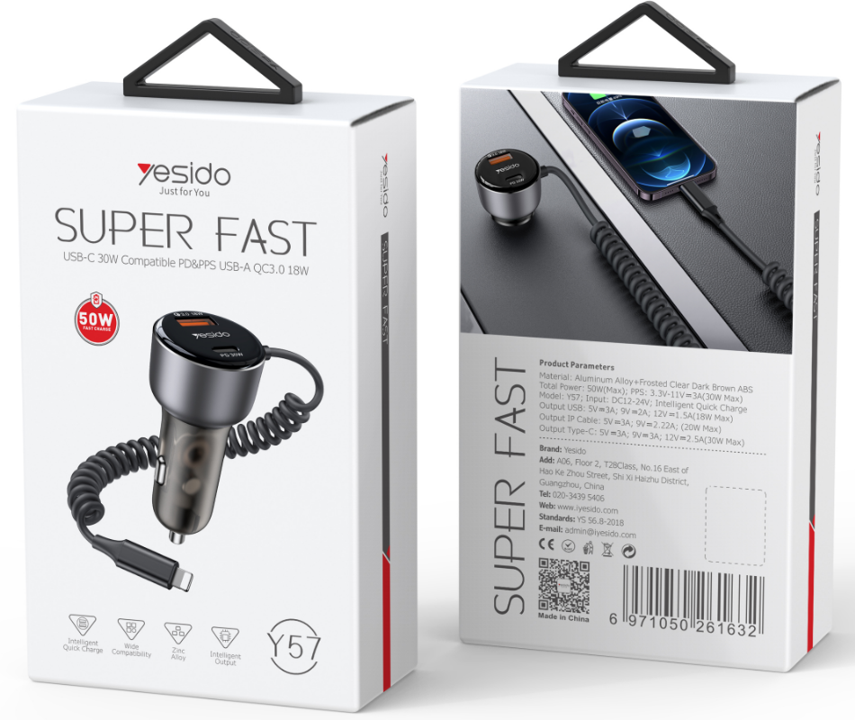 Yesido מטען לרכב 50W Fast Charging Car Charger(Built-in Lightning Cable) (Y57)