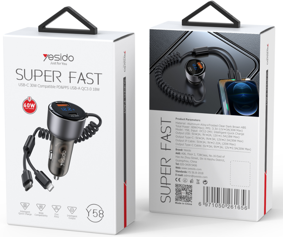 Yesido מטען לרכב 60W Fast Charging Car Charger(Built-in TC & Lightning Cable) (Y58)