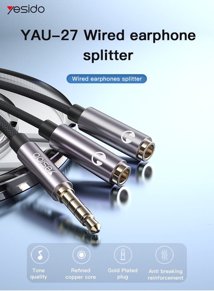 Yesido כבל AUX Audio Splitter
3.5mm male to Dual 3.5mm Female
Dual Headset Audio cables (YAU27)