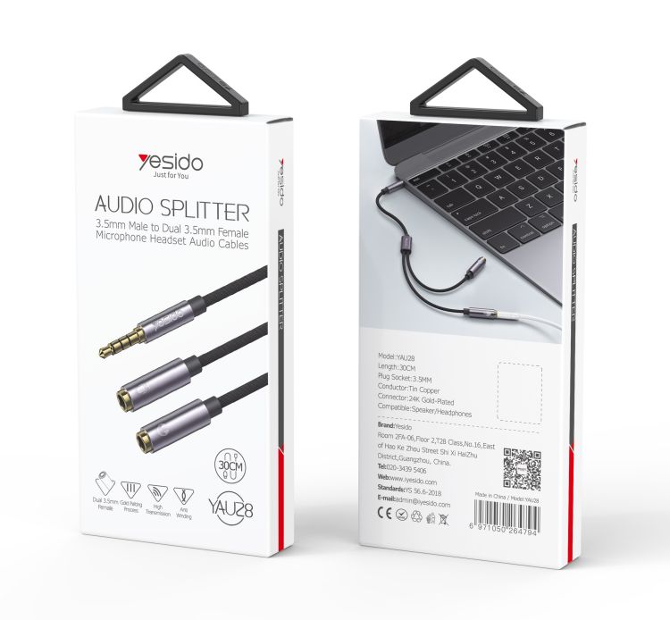 Yesido כבל AUX Audio Splitter
3.5mm Male to Dual 3.5mm Female
Mircophone Headset Audio cables (YAU28)