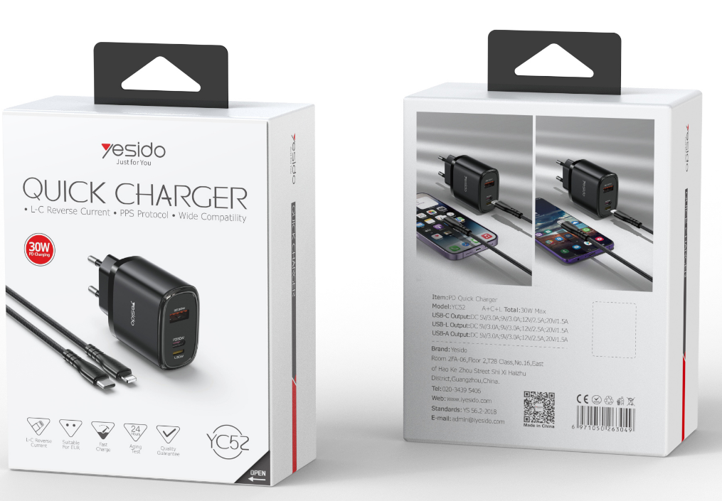 Yesido מטען לבית 30W Fast Charging Home Charger(USB-A+TC + lighting port ) (YC52-EU)