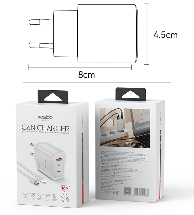 Yesido מטען לבית A+C+L 65W Home charger -EU (YC70)