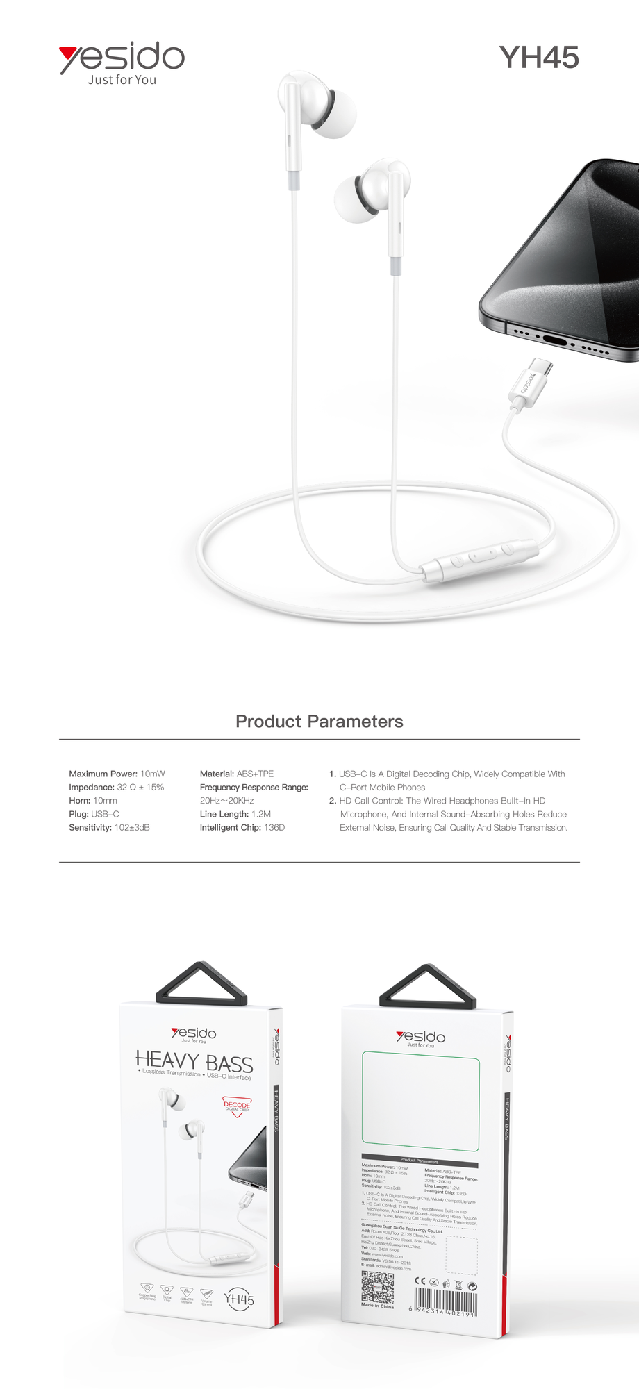 Yesido רמקול בלוטות Type-C  plastic Earphone (YH45)