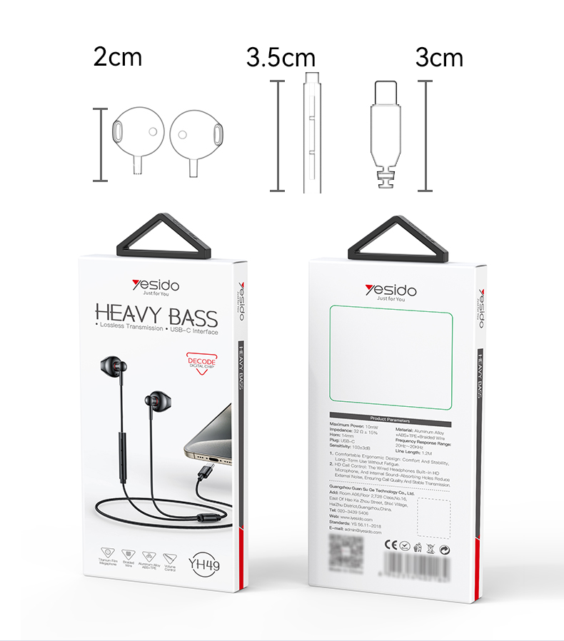 Yesido רמקול בלוטות Type-C Aluminum Alloy Earphone (YH49)