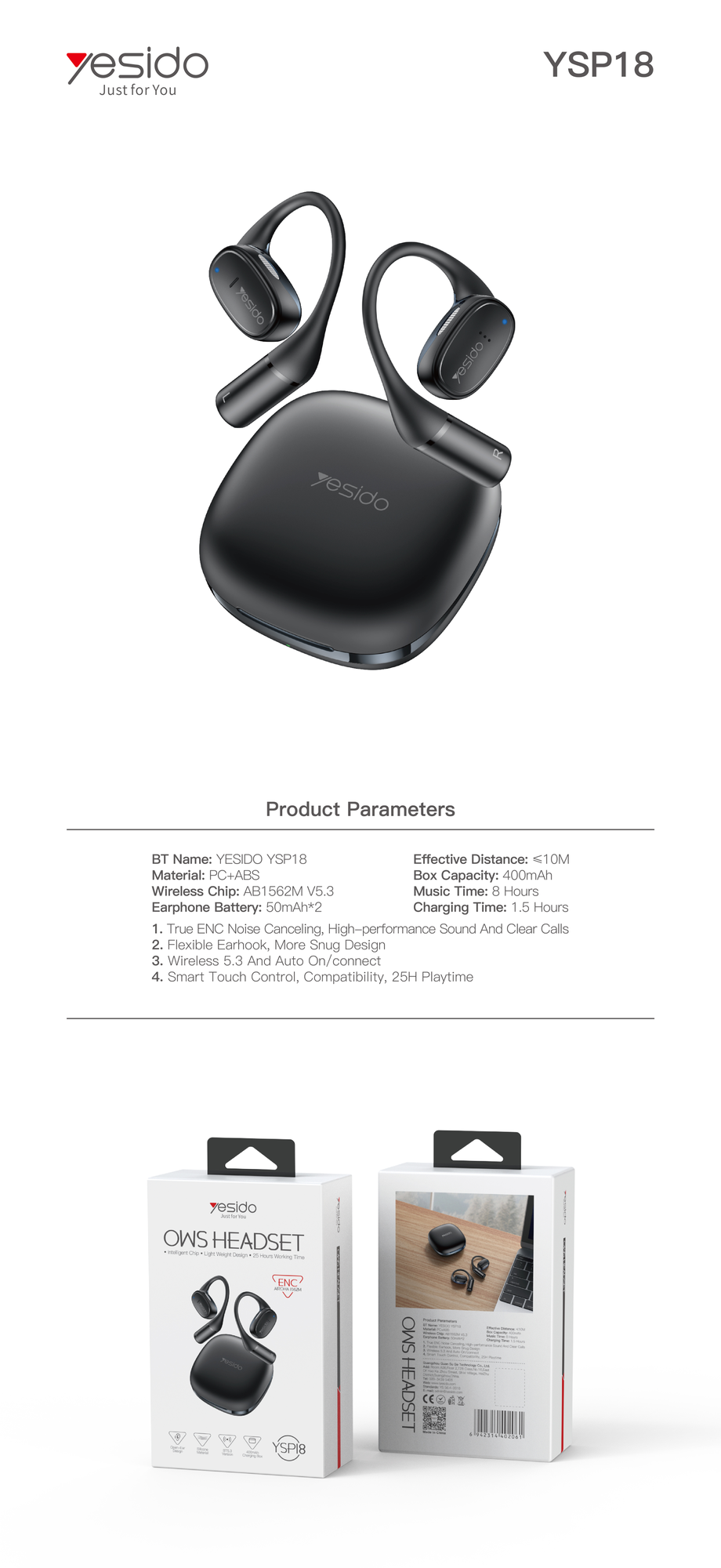 Yesido אוזניות בלוטות With ENS NoiseCancelling OWS Wireless earphone (YSP18)